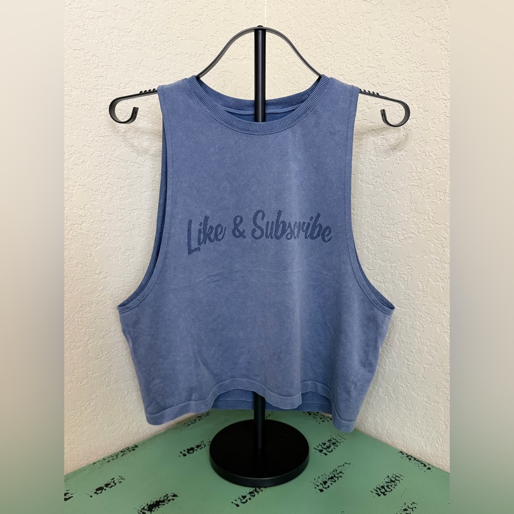 SMALL OFFLINE by Aerie Blue Cropped Tank “Like & Subscribe” Graphic Tank Top